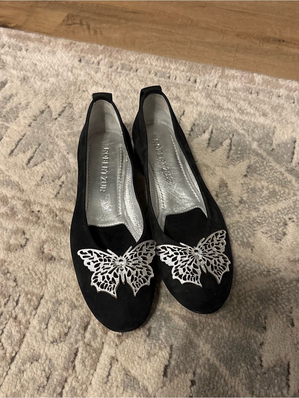 Robert Zur Black Suede Flats with Silver Butterfly Emblem